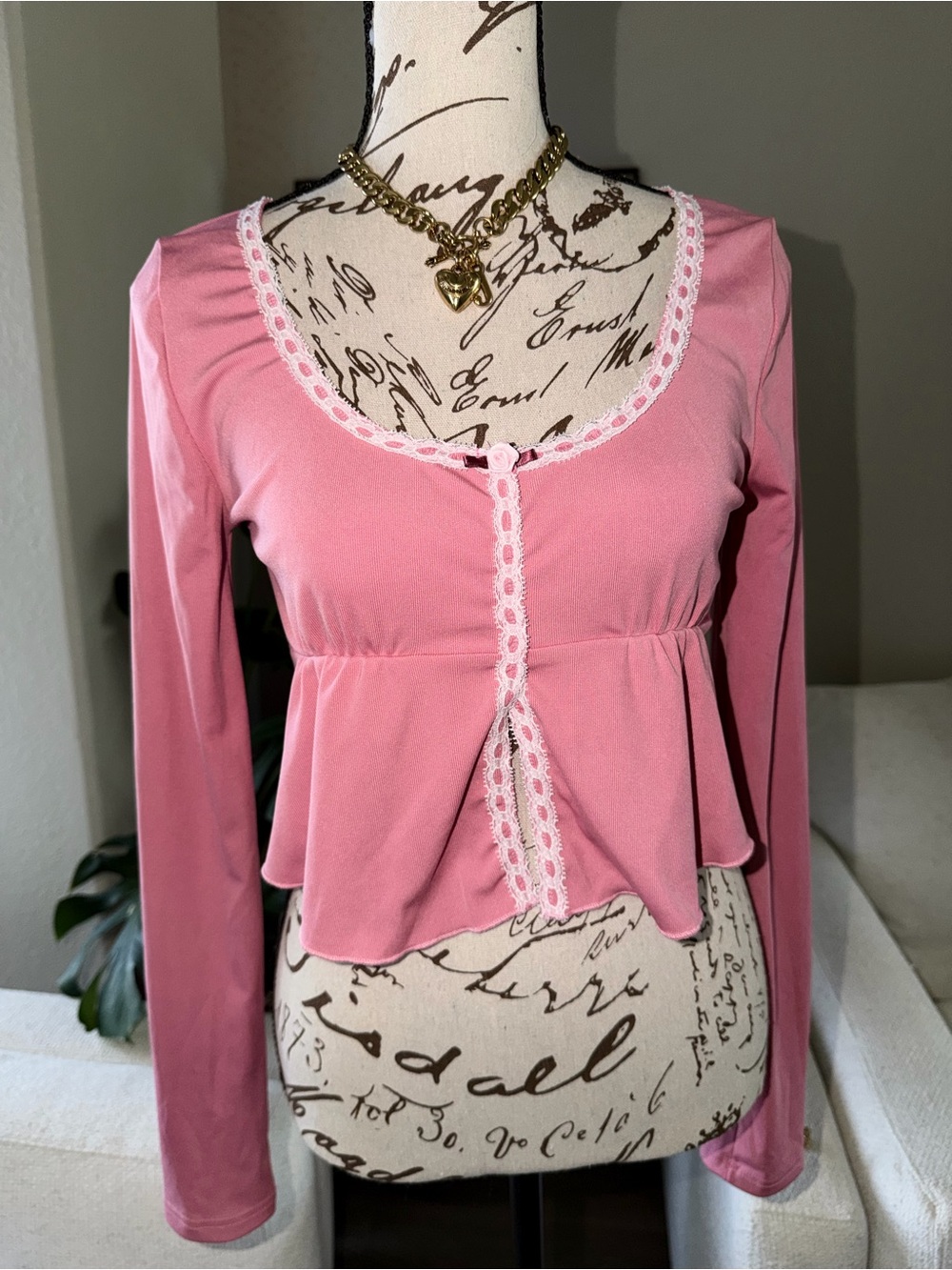 Pink Lace Trim Peplum Long Sleeve Top